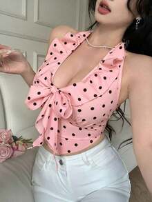 Elegante camiseta de tirantes con cuello halter, volantes y lunares estilo francés - Multicolor 5 - Ver 5