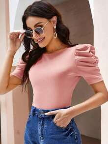 Clasi Camiseta Negra Con Mangas Abullonadas De Punto De Canalé - Rosa Pálido - Ver 4
