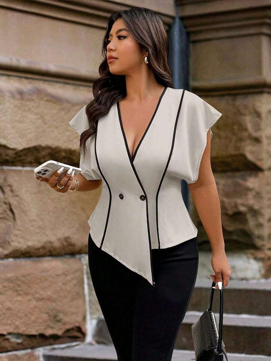 Camisa elegante de mujer talla grande con cuello en V, bajo asimétrico, diseño de rayas y parches, con encaje transparente en la parte delantera, adecuada para uso diario, oficina y citas, primavera/verano - Gris Claro - Ver 1