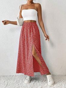 Falda De Verano Para Mujeres Con Estampado Floral Pequeño Y Abertura De Muslo - Rojo - Ver 4