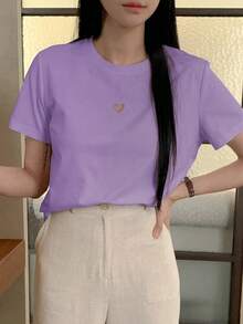 Camiseta casual de verano de mujer con cuello redondo y mangas cortas con detalle de corazón hueco - Morado - Ver 5
