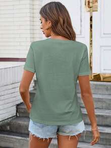 Camiseta de mujer cómoda de algodón, informal, con bolsillo, cuello en V, versátil y de moda - Verde - Ver 2