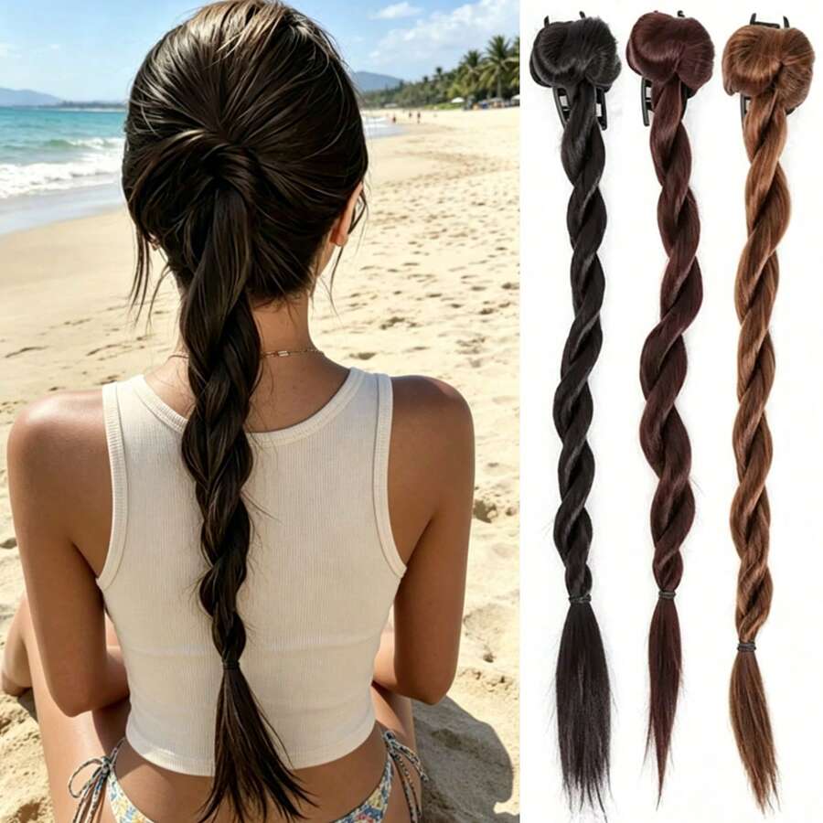 Low Bun Fake Hair Braid, Women's Faux Hair Messy Scrunchie Bun, Fluffy Ponytail Extension, Y2K Personalized Music Festival Summer Hair Accessories Vacay Claw Clips - Multicolor - View 1