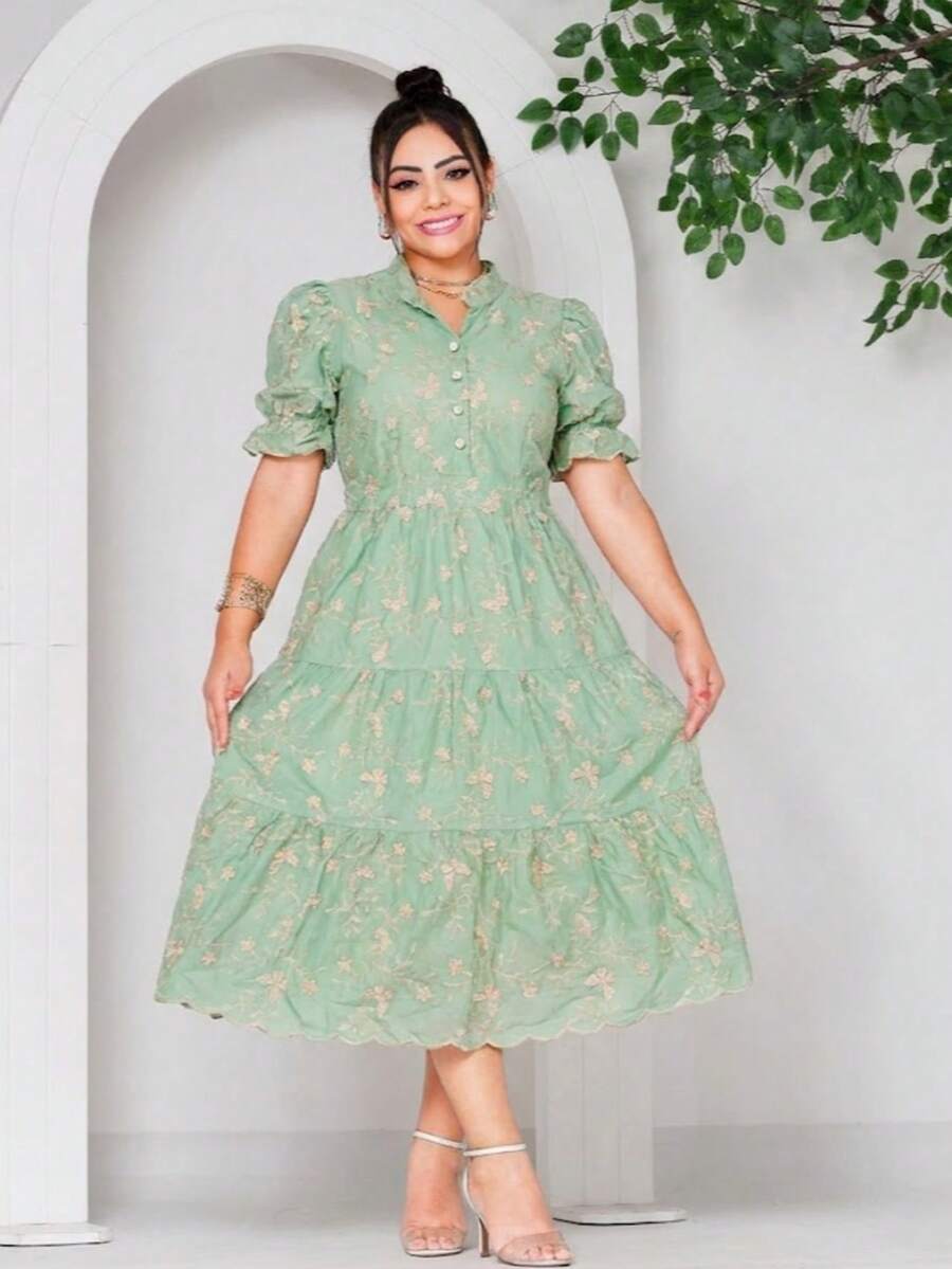 Women's Midi Dress With Embroidered Lace, All-Over Print, Embroidery, Button Detail, Ruffle Detail, Gathered Detail, Suitable For Formal And Evening Wear. - Green Bicolor 3d - View 1