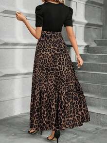 YHHVestido de línea A de Keke Bloomly para mujer, elegante manga abullonada con detalle de lazo en la cintura, cuello redondo, lavable a máquina, casual y semi-formal, tela ligera, estampado de leopardo, para primavera y vacaciones de veranoYHH - Caqui - Ver 8