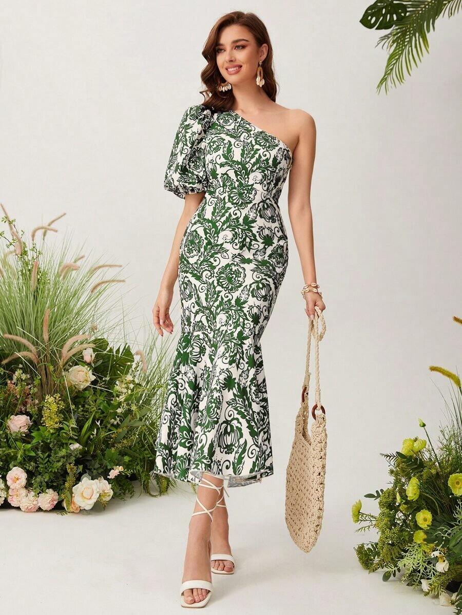 YHHMulvari Vestido con estampado floral de un hombro de manga farol bajo sirenaYHH - Multicolor - Ver 1