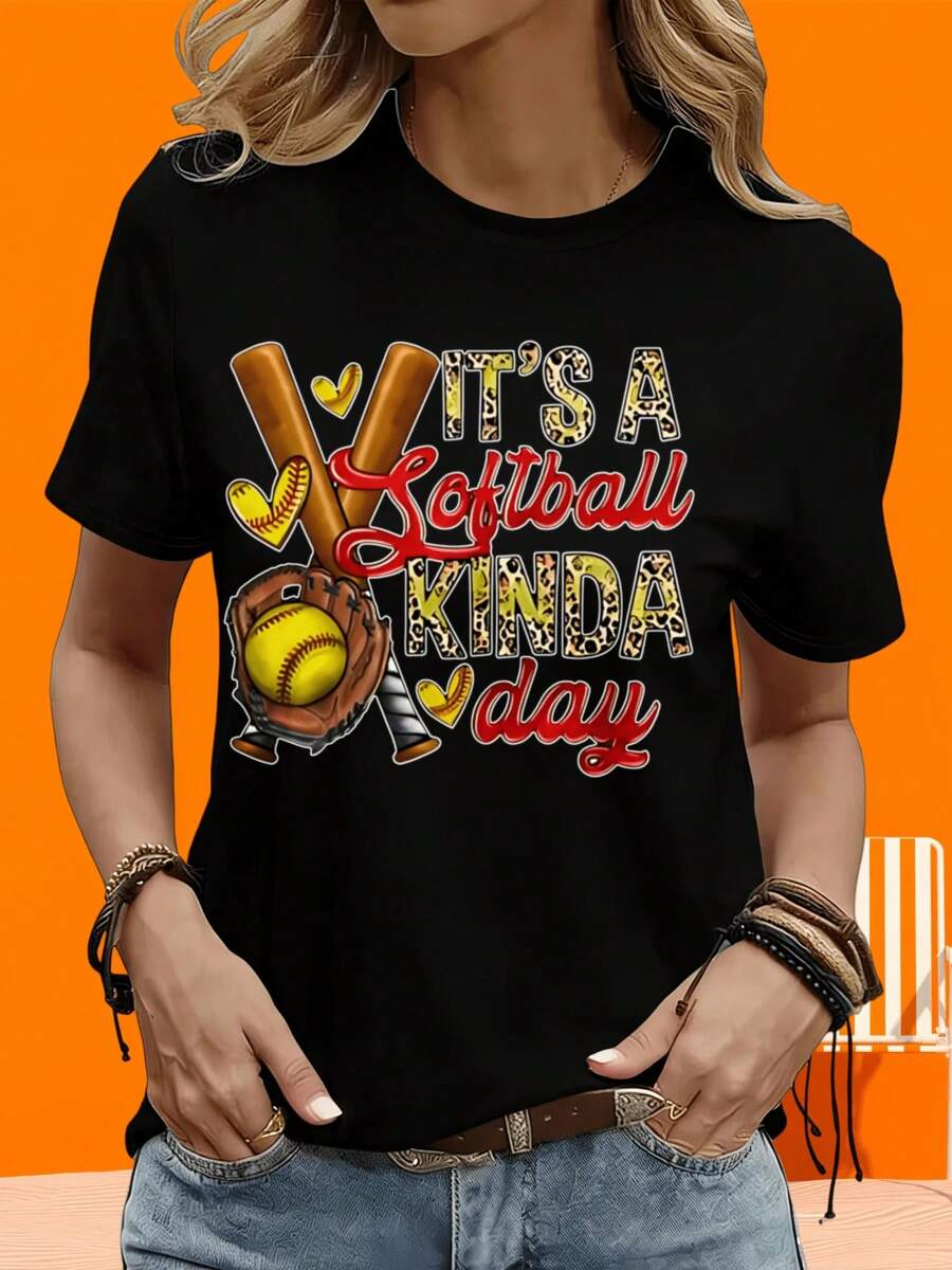 Camiseta de manga corta para mujer, para ocio al aire libre y en casa, con diseño de bate y guante para amantes y jugadores de softbol. Regalo para fiestas, vacaciones y actividades al aire libre. - Negro - Ver 1