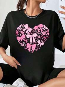 Women's Oversized T-Shirt With Hearts And Bows Print, Casual Top With Pink Bows Design, Valentine's Day Gift, Fashion T-Shirt - 黑色 - 查看 7