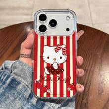 Sanrio Hello Kitty Vintage Red & White Stripes With Apple Motif And Cursive Logo Design Phone Case Suitable For IPhone 17/17 Pro/17 Pro Max/17 Air/16/15/14/13/12/11/X Series Iphone 17 Pro Max Case Iphone 17 Pro Case Iphone 17 Case The Girlfriend,Ideal Gift For Anime Fans - Clear - View 1