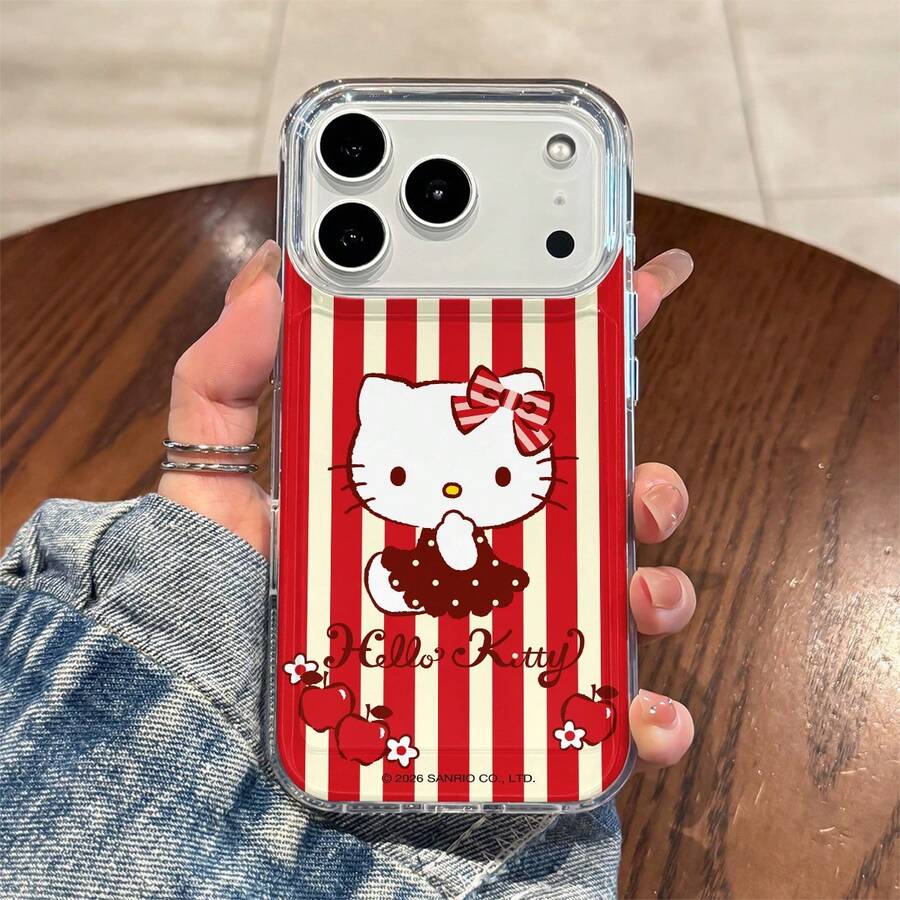 Sanrio Hello Kitty Vintage Red & White Stripes With Apple Motif And Cursive Logo Design Phone Case Suitable For IPhone 17/17 Pro/17 Pro Max/17 Air/16/15/14/13/12/11/X Series Iphone 17 Pro Max Case Iphone 17 Pro Case Iphone 17 Case The Girlfriend,Ideal Gift For Anime Fans - Clear - View 1