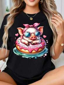 Cute Women's Valentine's Day T-Shirt With Teddy Bear And Heart Print - Soft Casual Crew Neck T-Shirt, Decorated With Cute Bear And Heart Patterns, Machine Washable, Suitable For Spring, Summer, Vintage Urban Style, Unisex, Cotton, Short Sleeve, Crew Neck, Blouses For Women. Blouses. Casual Blouses For Ladies. Care Bear Print. Printed T-Shirt. Care Bear Print. - 黑色 - 查看 6