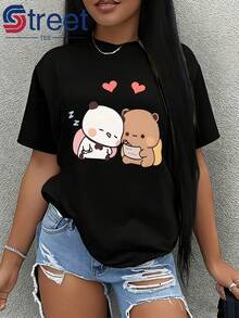 Camiseta de Verano Premium para Mujer con Estampado de Panda y Oso Pardo y Diseño de Corazón, Nueva Camiseta para Mujer 2026, Estilo Suave y Adorable, Manga Corta Holgada, Sencilla y a la Moda, Versátil, Moderna, Cómoda, Top Deportivo Casual, Tela Suave, Lavable a Máquina para Primavera y Verano, Adecuada para Deportes al Aire Libre y Uso Diario. - Negro - Ver 12