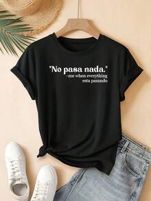 Ropa ligera, transpirable y holgada para mujer, primavera/verano, camiseta con estampado de texto "No Problem", cuello redondo, manga corta, top casual de moda, atuendo elegante para fiestas, corte holgado, regalo para vacaciones, diseño divertido, uso diario, ropa para el hogar, conjuntos de primavera/otoño que se pueden usar en capas. - Negro - Ver 11