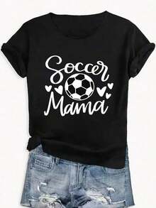 1 Piece Of Fashionable Women's Sports T-Shirt, With Creative English Football Cartoon Print, Round Neck, Short Sleeve, Comfortable, 180g, 100% Cotton. - 黑色 - 查看 3