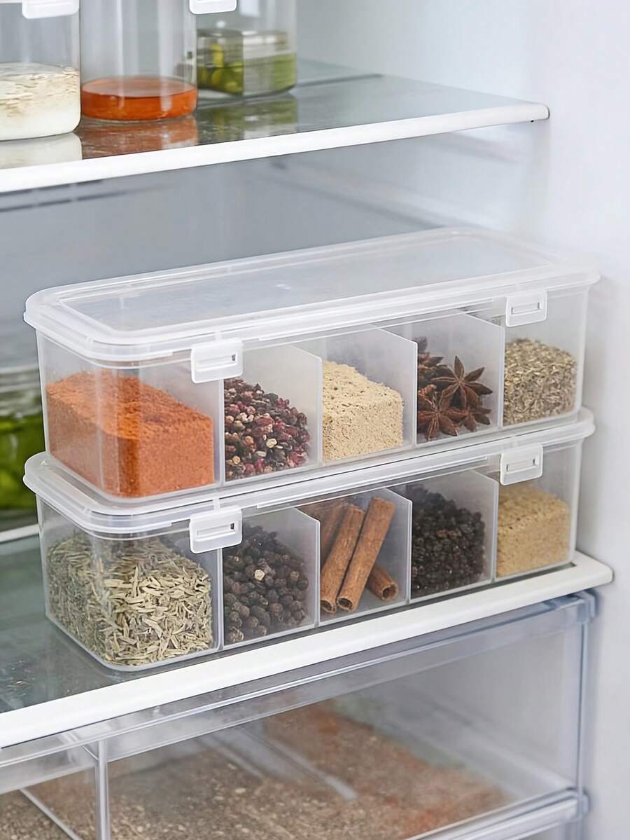 1PC Five-Compartment Seasoning Box, Refrigerator Storage Container, Spice Dispenser, Kitchen Household Storage Box For Star Anise, Cinnamon, Dried Chili Peppers, With Flip-Top Lid And Sealing Compartments - Clear - View 1
