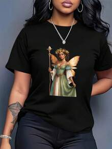 Camiseta de algodón 100% para mujer de talla grande, estilo bohemio holgado - estampado de hadas verdes y flores, suave y transpirable, de cuello redondo y manga corta, adecuada para uso casual y formal en primavera y verano, camiseta negra lavable a máquina. - Blanco - Ver 5