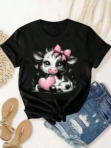 Women's Cow Print T-Shirt, Casual Fashion For Women, Comfortable, Soft, Sports Fitness, Daily Outdoor Wear, Pure Cotton, Short Sleeve Crew Neck T-Shirt, Breathable 100% Cotton - 黑色 - 查看 2