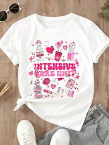 Camiseta Gráfica de la Unidad de Cuidados Intensivos con Diseño de Temática Médica y de Amor para Mujer, con Estampado de Corazón Rosa, Estetoscopio, Pastillas y Medicamentos, Estilo Casual. - Blanco - Ver 3