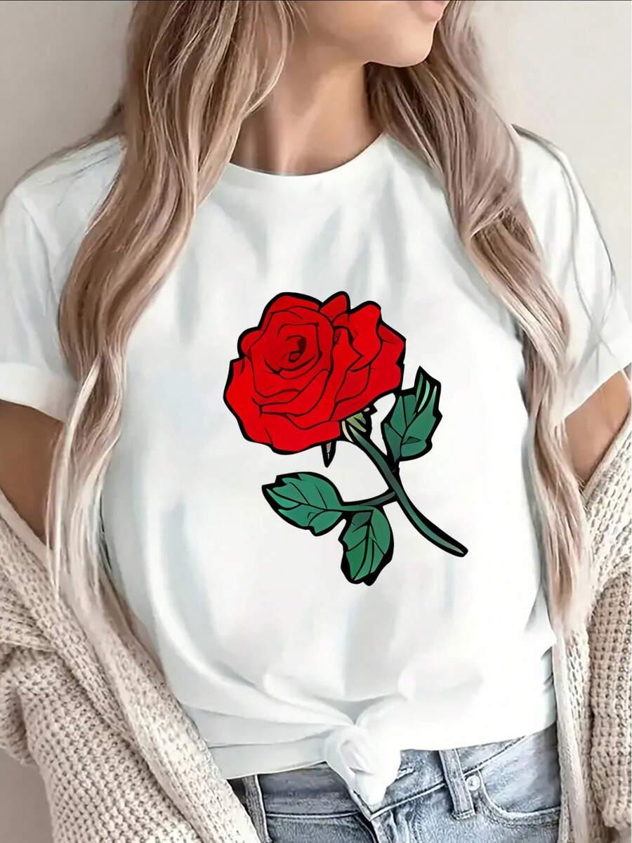 Vintage Polyester Short-Sleeved T-Shirt, Decorated With A Red Rose Print, Lightweight And Durable, Suitable For Home, Office Or Casual Outings, Comfortable And A Good Fit For Everyday Wear. - 白色 - 查看 1