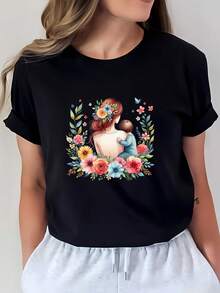 Camiseta de 180g para el Día de la Madre, Camiseta con Estampado Floral Bohemio Estilo Mamá para Mujer, Adecuada para Reuniones Familiares, Festivales de Música de Verano, Actividades de Team Building, Top Casual de Moda - Negro - Ver 1