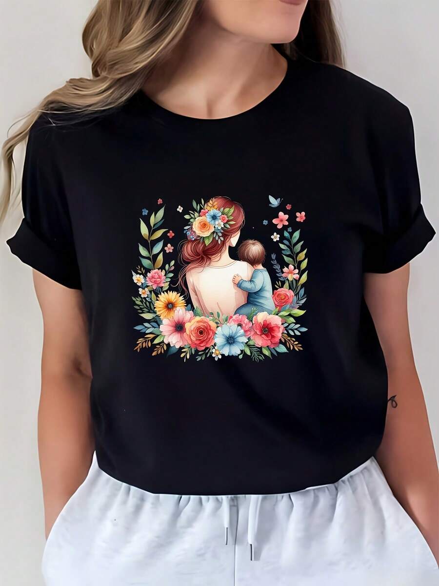 Camiseta de 180g para el Día de la Madre, Camiseta con Estampado Floral Bohemio Estilo Mamá para Mujer, Adecuada para Reuniones Familiares, Festivales de Música de Verano, Actividades de Team Building, Top Casual de Moda - Negro - Ver 1