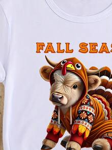 1 pieza Autumn Snuggle Season, divertida camiseta con estampado de vaca y pavo, 180g, 100% algodón - Negro - Ver 9