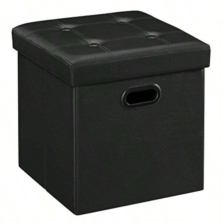 SONGMICS Puff Almacenaje de 38 cm, Banco de Almacenamiento Plegable con Tapa, Reposapiés, Carga de 300 kg, MLSF030B01 - Tinta negra - Ver 1