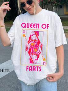 Women's Casual Summer T-Shirt, Comfortable Queen T-Shirt | Funny Joke T-Shirt, Fart Swap Gag Gift, Inappropriate For Her, Fart T-Shirt, Embarrassing T-Shirt Swap. | Short Sleeves, Geometric Pattern, Slightly Stretchy Fabric, Casual Style, Regular Fit, Crew Neck - 白色 - 查看 1