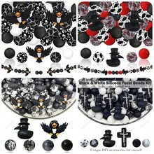 25/28PCS 3D Dark Raven Combination Silicone Bead Set, Includes Top Hat Raven And Spread Wing Cartoon Raven Shapes, Gothic Style, With 15mm Black Flower And Gray Striped Printed Beads, Black And Pearl Gray Beads Combination, Fashionable Design, Jewelry Making Beads, Ideal For DIY Bracelets, Lanyards, Pen Accessories, Holiday Decorations And Other Handicrafts - Perfect Gift For Holidays And Birthdays - Dark Raven Series - View 12