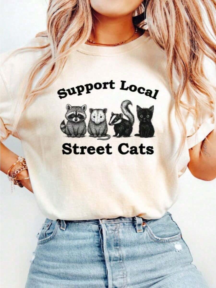 100% Cotton T-Shirt With Raccoon Print, Support Local Stray Cats T-Shirt, Funny Raccoon T-Shirt, Y2K T-Shirt, Cat T-Shirt - 黑色 - 查看 1