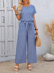 Conjunto de 2 piezas de top de manga corta de cuello redondo a rayas y pantalones para mujeres, conjunto de ropa de vacaciones de 100% algodón, apto para devolución y reembolso, vestidos casuales de verano para mujer, conjunto informal de verano para mujer - Negro - Ver 10