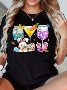 Women's T-Shirt With Easter Bunny Cocktail Glass Design, Black T-Shirt For Women, Spring Party Clothes, Decorated With Easter Eggs And Carrots, Fashion Top - 黑色 - 查看 7