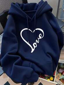 Women's Drawstring Hoodie With LOVE Heart Print - Navy Blue - View 1