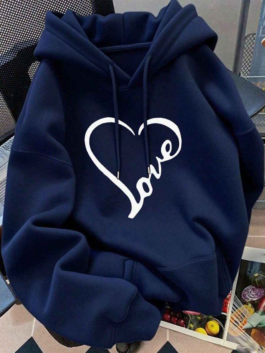 Women's Drawstring Hoodie With LOVE Heart Print - Navy Blue - View 1