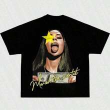 1 Piece Funny Retro 90s Rapper Cat Print T-Shirt, Round Neck, Short Sleeve, Women's Cotton, Summer, 180g, 100% Cotton. - 黑色 9 - 查看 1