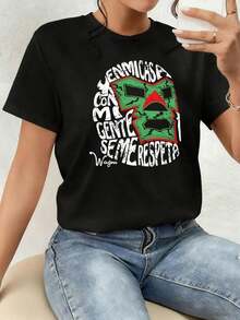This Green Face Mask, Adorned With Red Stripes And Inspired By Mexican Wrestling, Symbolizes Strength, Courage, Cultural Pride, And Respect For Latin Cultural Roots. The Casual Women's T-Shirt Is Made Of 100% Cotton, Offering Comfort For Everyday Wear. - 黑色 - 查看 7
