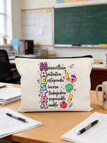1 Pc Teacher Makeup Bag,Maestra Letter Pattern Makeup Bag,Floral Print Zipper Women'S Cosmetics Bag,Wash Bag,For Women'S Cosmetics Storage, University Dormitory Cosmetics Storage, Women'S Travel, Gift Bags,Teacher'S Day Gift Bag,Portable Shopping Bag, Lightweight Foldable Storage Bag, Simple Shopping Bag - Multicolor - View 3