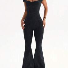 Slayform 1pc Women's Seamless Washed Matte Sweetheart Collar Butterfly Sleeve Slimming Yoga Exercise Dance Gymnastics Jumpsuit Flare Pants - Negro - Ver 6