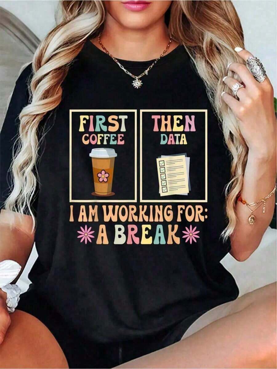 Camiseta Divertida para Maestros de Educación Especial: Primero Café, Luego Datos - Manga Corta, Casual, Transpirable, Cómoda, Esencial para Verano y Primavera - Ropa de Mujer con Estampado Gráfico para Amantes de las Camisetas - Negro - Ver 1