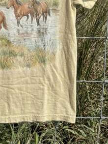 Camiseta de mujer con estampado retro de mustang salvaje de la pradera, paisaje de animales salvajes, adecuada para uso casual al aire libre - Caqui - Ver 5