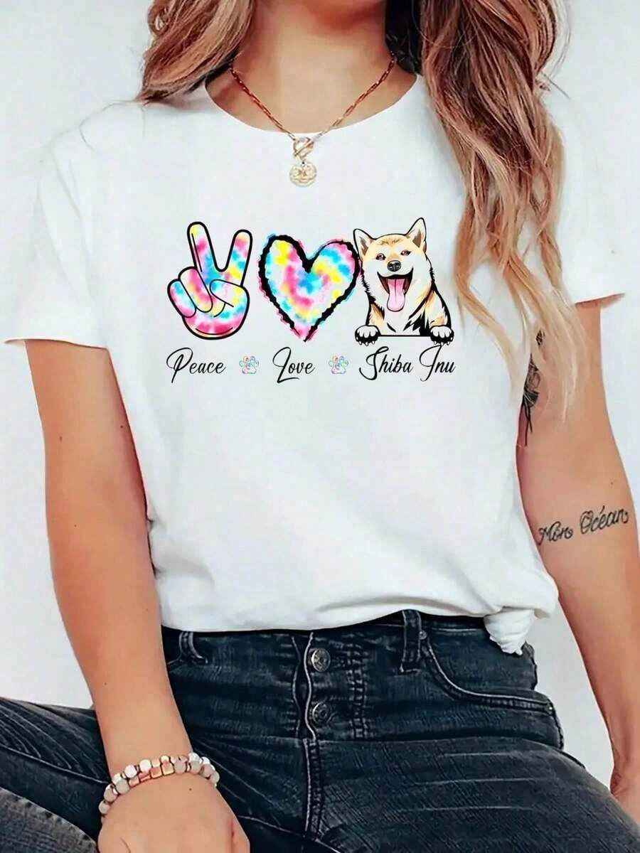 Tie Dye Peace Love Shiba Inu Dog Puppy Paw Lover Print T-Shirt, Casual Short Sleeve Crew Neck T-Shirt, Comfortable, For Spring And Summer, Women's Clothing. - 白色 - 查看 1