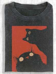 1 pieza de camiseta gráfica divertida con diseño de gato, camiseta de algodón para hombre, 230 g, camiseta de manga corta lavada, adecuada para regalos de Halloween, Navidad y el Festival de Primavera, 180 g. - Negro 31 - Ver 6