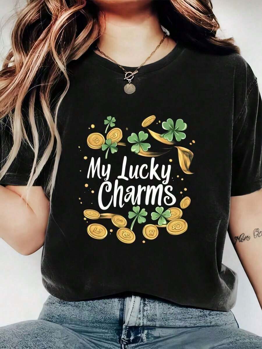 Women's Round Neck T-Shirt With Green Clover Print - Casual Polyester Knit Crew Neck T-Shirt - Lightweight And Breathable For Everyday Wear. These Prime Round Neck Printed Short Sleeve Casual Everyday T-Shirts Are Excellent Gifts For Friends And Family. Made Of 100% Cotton, They Feature A Youthful And Fashionable Design. - 黑色 - 查看 1
