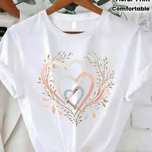 Women's Casual T-Shirt "Intertwined Hearts And Delicate Foliage", With A Vivid Artistic Print And Soft Color Gradients, Fade-Resistant And Durable, Exuding An Elegant Romantic Style, Ideal For Daily Wear, Casual Outings And Warm Gatherings, Eye-Catching Design With A Refined And Soft Charm That Effortlessly Captures Attention And Fashion. - 白色 - 查看 6