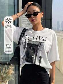 1 pieza Camiseta de Hombros Caídos con Estampado de Letras, Camiseta Oversize, Tops de Verano, Ropa de Verano, Conjuntos de Verano para Mujer - Blanco - Ver 6