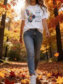 Women's Soft, Round-Neck T-Shirt With A Floral Butterfly Design And "By God Loved By Jesus Led By The Spirit" Print. This Short-Sleeved T-Shirt Is Perfect For Everyday Wear. It's A Casual, Everyday Style. Also Available In A Variety Of Other Styles, Including Short-Sleeved T-Shirts, Graphic Tees, And Summer Tops. - 白色 - 查看 4