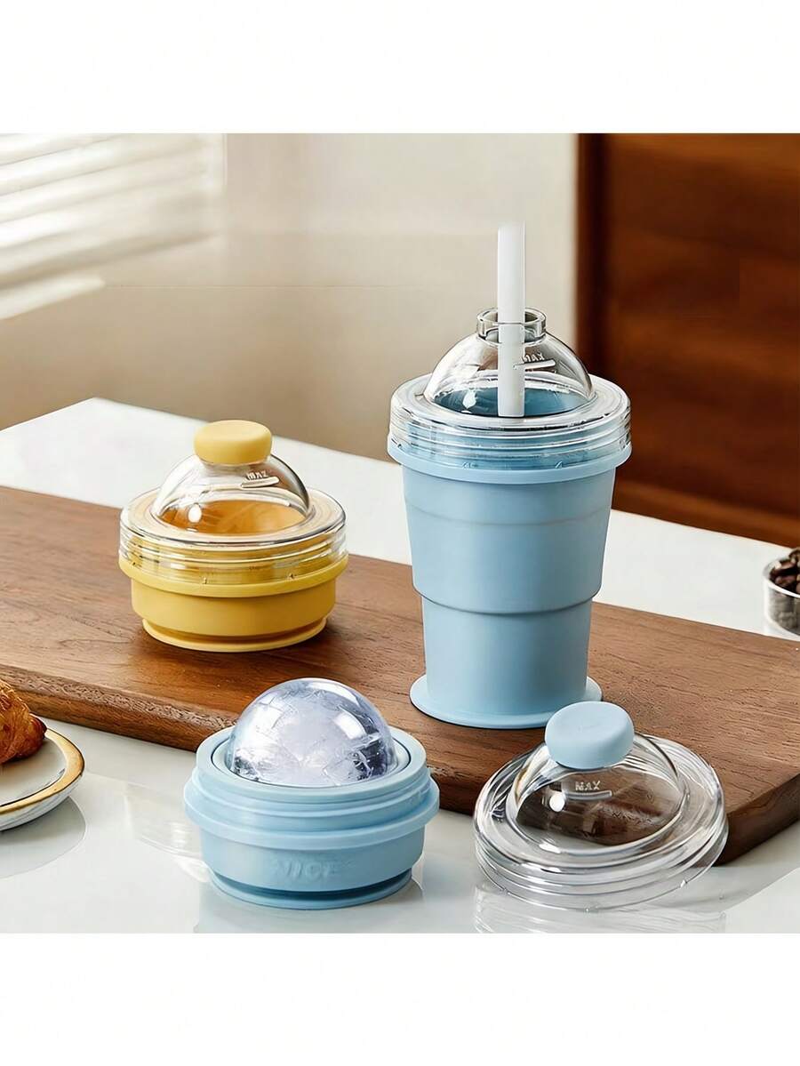 Botella de agua plegable con forma única de hockey sobre hielo, bandeja de silicona creativa para hacer cubitos de hielo esféricos, portátil y fácil de almacenar, esencial para el verano - Vaso de hielo plegable multicolor - Ver 1