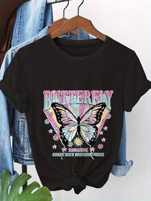 Women's Plus-Size Printed Short-Sleeve Crew Neck T-Shirt, Breathable And Perfect For Summer. This Casual, Butterfly-Print T-Shirt Is Ideal For Spring, Summer, And Fall. Suitable For Year-Round Wear, It's Simple, Makes A Great Gift, And Is Perfect For Everyday Wear, Especially During The Cool Summer Months. - [] - 查看 2