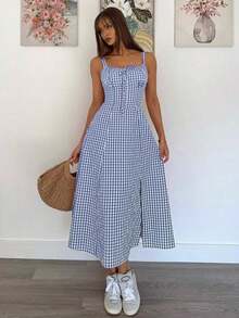 Vestido a media pantorrilla con tirantes a cuadros para mujeres, de moda y apropiado para el verano - Azul y blanco - Ver 6