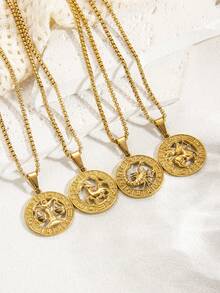 1 pieza Collar con colgante de acero inoxidable tallado con diseño del signo zodiacal Géminis, diseño unisex para uso diario/combinación, adecuado como regalo de cumpleaños y festividades - Géminis - Ver 10